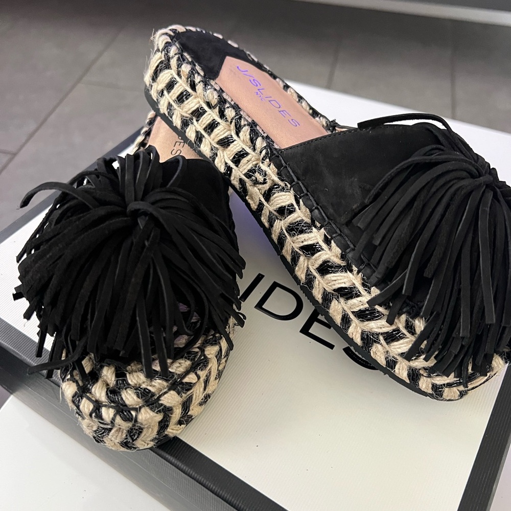 J Slides Black Fringe Espadrilles